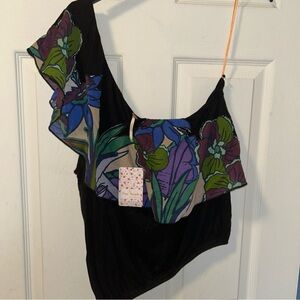 Free People Womens M Annka Bubble Top One Shoulder Linen Blend Floral Black